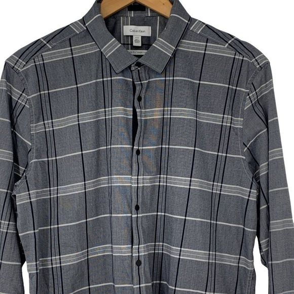 Mens Calvin Klein Plaid Body Fit Shirt Large Navy Snap Closure 3744 EUC Stretch - Picture 2 of 10